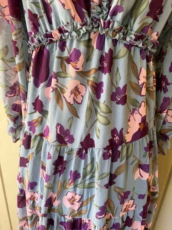 Floral V-Neck Long Sleeve Maxi Dress - Blue with Pink & Purple Flowers XXL - Picture 8 of 9